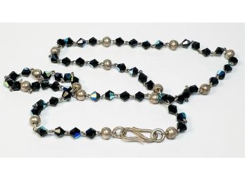 New Iridescent Black And Sterling Silver Beaded  Necklace