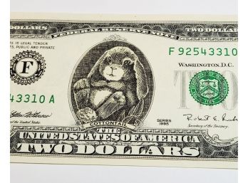 Real $2 Dollar Bill With Cotton Tail Bunny Easter