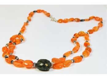 New Orange Stone Beaded Sterling Silver Necklace