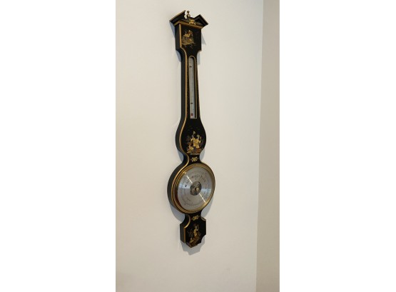 A Lovely Vintage Black Lacquered Chinoiserie Banjo Shaped Barometer Made In Germany