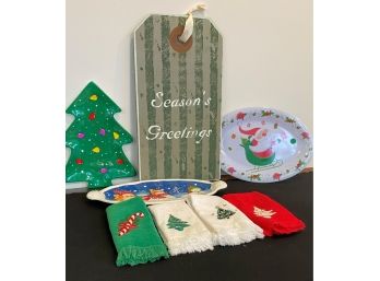 A Group Of Christmas Items -  Ceramic & Plastic Platters, Towels & More