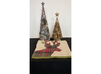 Pier 1 Imports Deer Table Runner & 2 Decorative Metal Christmas Trees