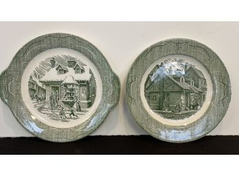 TWO The Old Curiosity Shop Green Christmas Plates