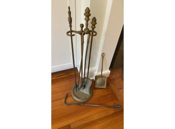 A Group Of Vintage Brass And Metal  Fireplace Tools