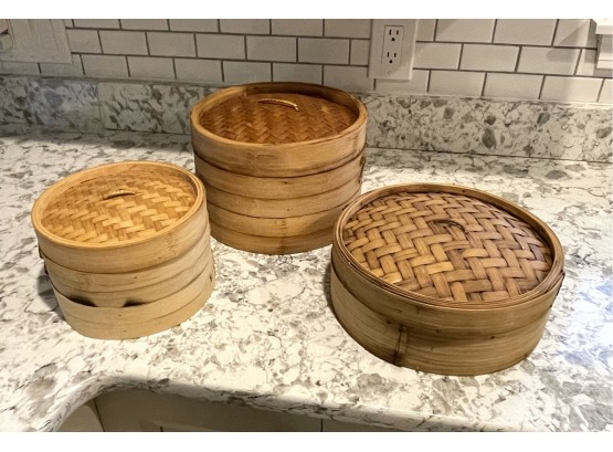 Lot Of 3 Bamboo Steamer Baskets