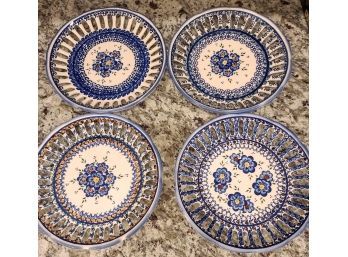 Set Of 4 Decorative Lattice Designed Ceramic Folk Art Plates By Unikat