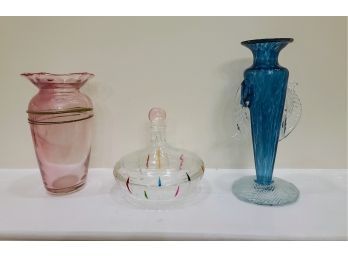 Pink & Teal Art Glass Vases Plus Colorful Cvered Candy Dish