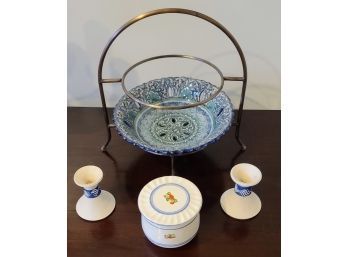 Two Tier Plate/Bowl Holder With Only One Of The Original Ceramic Plates, Pair Of Candle Holders And Bowl W/lid