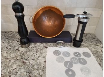Cookie Press, Copper Bowl And Peugeot Pepper Grinder