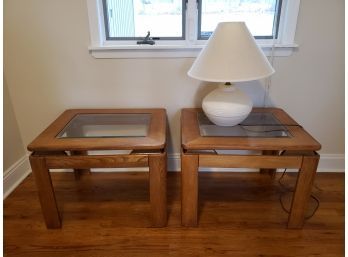 Pair Of Wood & Glass Tables With White Ceramic Lamp