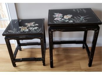 Pair Of Asian Black Wooden Side Tables With White Painted Flowers