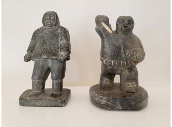 Inuit Soapstone Figurines One Signed By Well Known Artist Dimu, The Other Has Writing That Is Hard To Read.