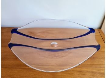 Signed Art Glass With Cobalt Blue Design Striking Centerpiece/platter/ Concave Bowl