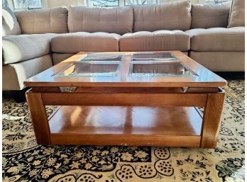 Large Oak And Glass Coffee Table With Shelf Underneath Glass