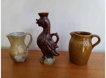 Heavy Vintage Stoneware Vessels With Decorative Bird Candle Holder?