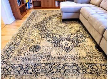 Fabulous Blue And Creamy Ivory Large  Area Rug, Hand Knotted  100 Percent Wool In Very Good Condition!
