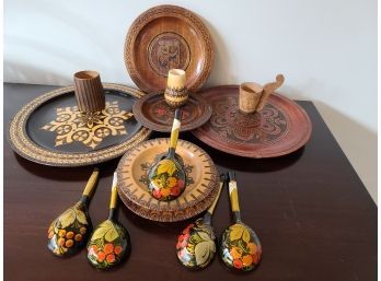 Fabulous Collection Of High Laquer Wooden Hand Painted Folk  Art, Plates, Cups And Spoons