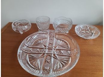 Crystal Serving Platter & 4 Vintage Glass Bowls