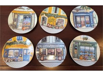 Set Of Six Philipe Deshoulieres Appetizer Plates With Parisienne Storefronts In Original Box
