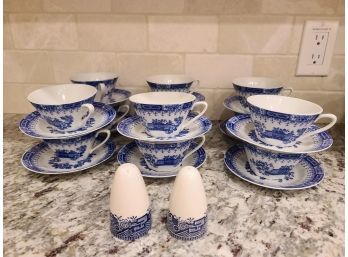 Vintage European Tea Cups With Matching Salt And Pepper Shaker