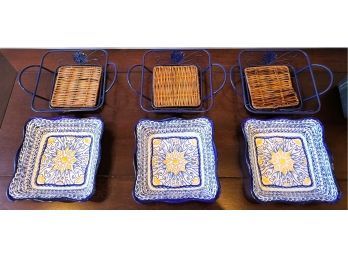 Temp-tations By Tara Ovenware Ceramic Square Dish Plates With Decorative Metal Holders