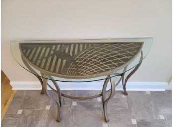 Modern Half Circle Side Table With Metal Geometric Pattern Under Glass