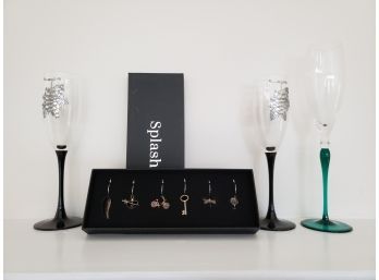 Tjree Champagne Flutes And Box Of Glass Markers