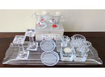 Christmas Mugs Still In Box, Two Sets Of Candle Holder , Large Glass Serving Tray & Crystal /glass Accessories