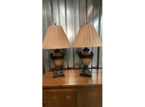 A PAIR Of Decorative Painted Plaster Molded Lamps - Base - 7.5'w X 7'd X 32'h To Finial