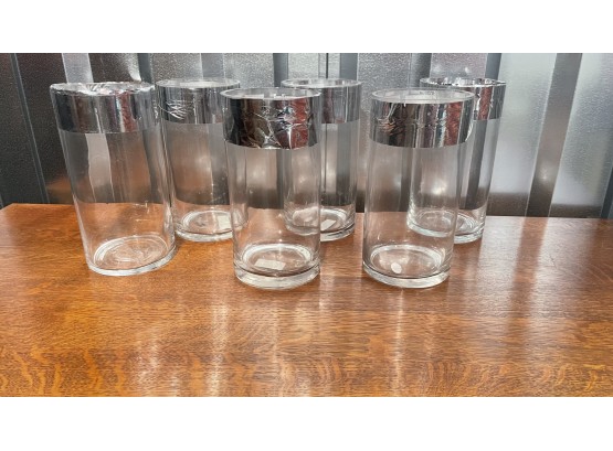A Lot Of SIX Glass Vases With Silver Tape On Edge - Largest 6'Diameter X 10