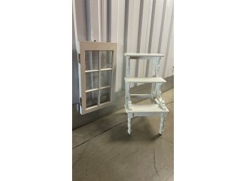 A  White Painted Library Steps & Vintage Window Frame