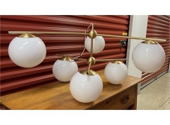 A Modern Gold Brass Chandelier With White Globes  - 32'w X 18'h