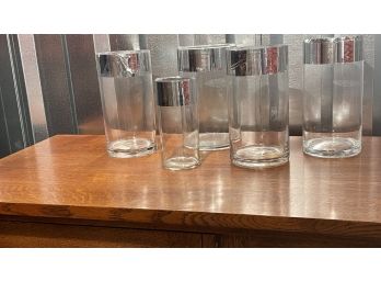 A Lot Of FIVE Glass Vases With Silver Tape On Edge - Largest 6'diameter X 10'h