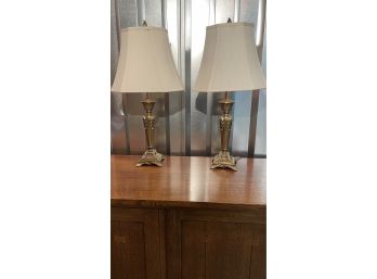 A PAIR Of Brass & Metal Lamps With Shades - Base 5.35' Square X 28'h