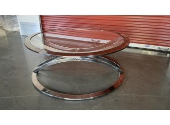 A Beautiful 1977 Round Glass Top Cocktail Table With Gold Accent - 40.5' Diameter X 15.75'h