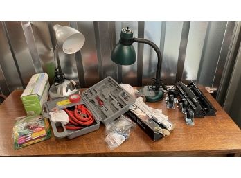 A Mixed Lot Of  Desk & Office Items - 2 Desk Lamps, Box Of Envelopes, Power Squid Surge Protector & More