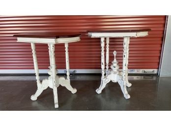 A Pair Of Side Tables With Distressed White Painted Legs Made In Indonesia