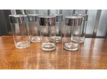 A Lot Of SIX Glass Vases With Silver Tape On Edge - Largest 6'Diameter X 10