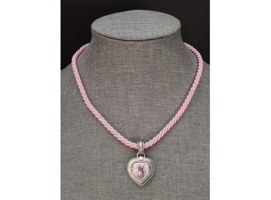 DESIGNER JUDITH RIPKA STERLING SILVER CZ PINK STONE HEART PENDANT ON PINK ROPE NECKLACE