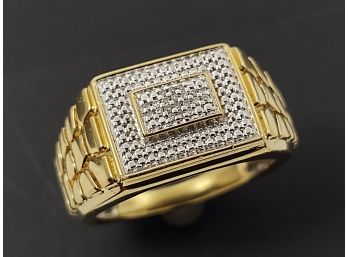 14K GOLD OVER STERLING SILVER PAVE DIAMOND MENS RING SIZE 10