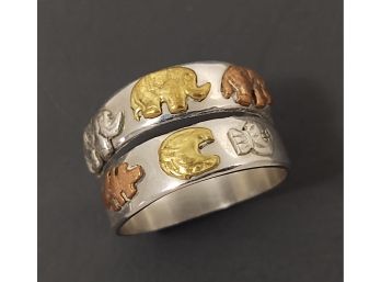 VINTAGE DOUBLE STAINLESS STEEL BAND ANIMALS GOOD LUCK RING SIZE 10 1/4