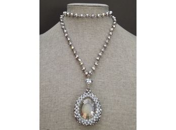 VINTAGE SILVERTONE FACETED BEADED NECKLACE WITH LARGE AURORA BOREALIS STONE PENDANT