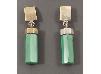 VINTAGE MEXICAN STERLING SILVER BEVELED MALACHITE DROP EARRINGS