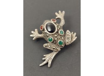 VINTAGE STERLING SILVER ONYX MARCASITE JEWELED TREE FROG BROOCH