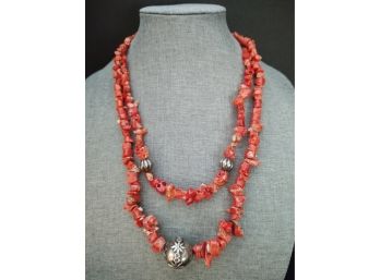 VINTAGE STERLING SILVER BRANCH CORAL CHUNK DOUBLE STRAND NECKLACE