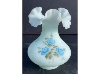 EARLY FENTON Satin Glass Vase With Hand Painted Flowers And Fuffled Rim- Glows Under A Black Light!