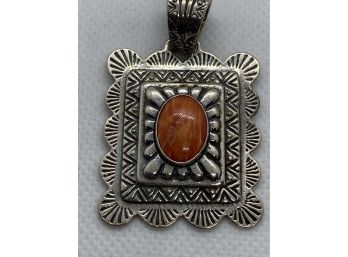 Stunning Large Sterling Silver Pendant With Red Jasper Cabochon By Listed Navajo Artist CAROLYN POLLACK RELIOS