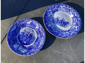Pair Of Antique Blue And White Porcelain Plates- One Signed WEDGWOOD