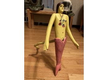 Large Vintage And Quite Unique MEXICAN FOLK ART SCULPTURE Of A Mermaid- Hand Painted Carved Wood