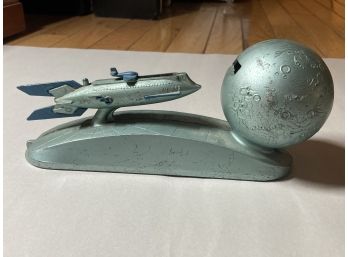 Rare Circa 1940s Mechanical Penny Bank With Rocket Ship And The Moon- Great Paint!
